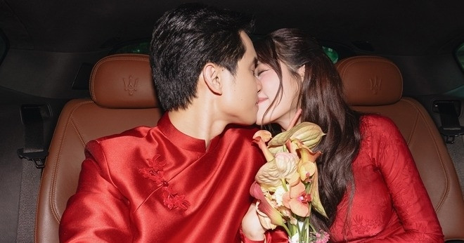 Á hậu Quỳnh Châu hôn chồng chủ tịch đắm say trong lễ vu quy