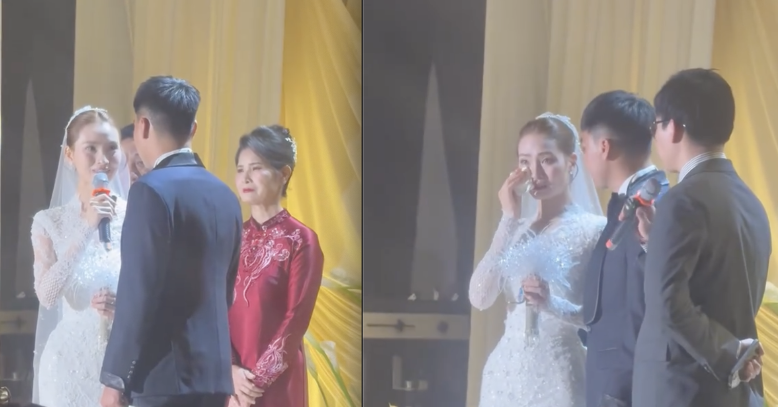 MC Huyền Trang VTV khóc như mưa khi nhận quà của chồng Đức Huy trong đám cưới